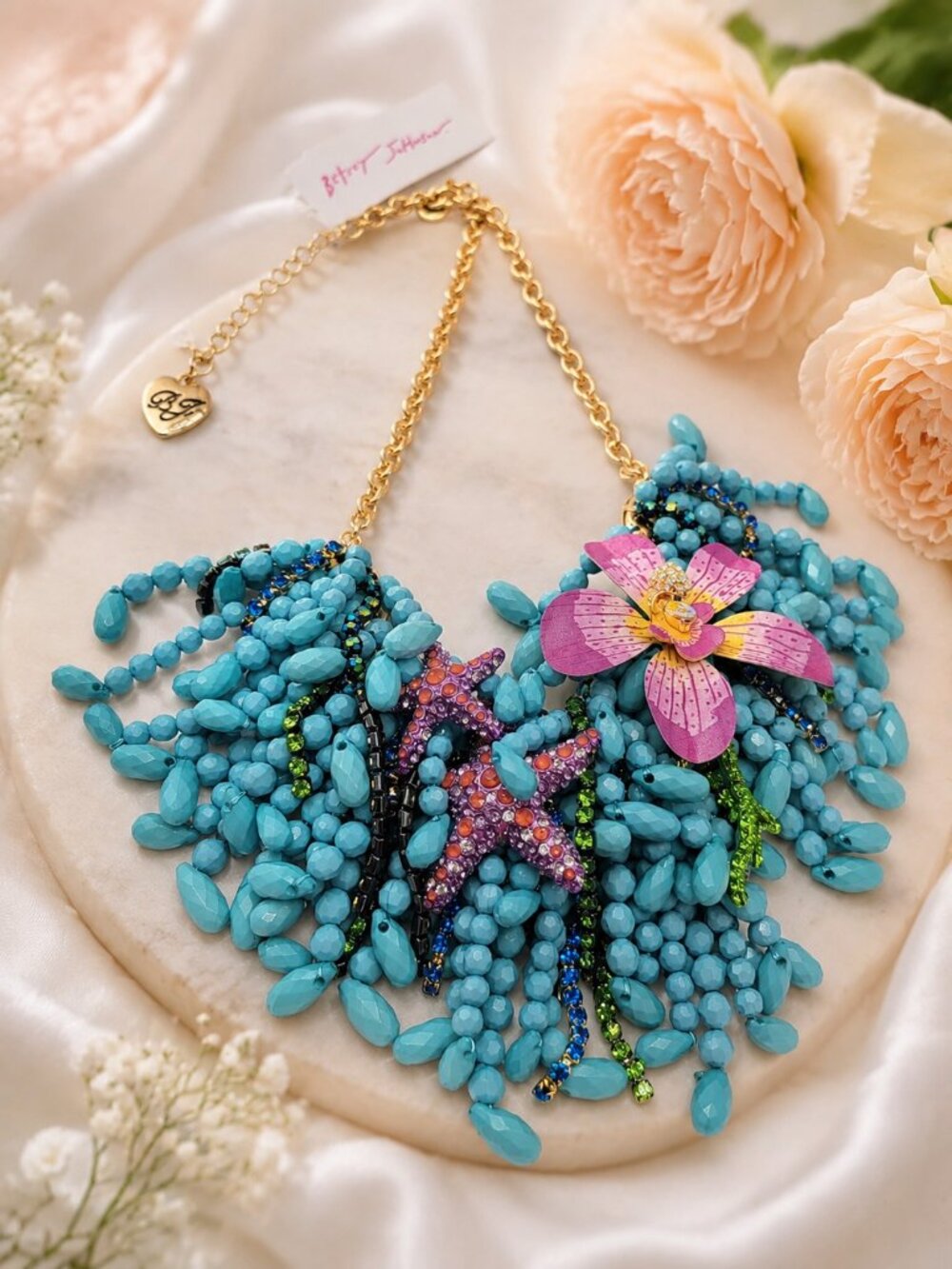 NWT BETSEY JOHNSON Mermaid Jewels Sealife Blue Beaded Tassle Statement Necklace